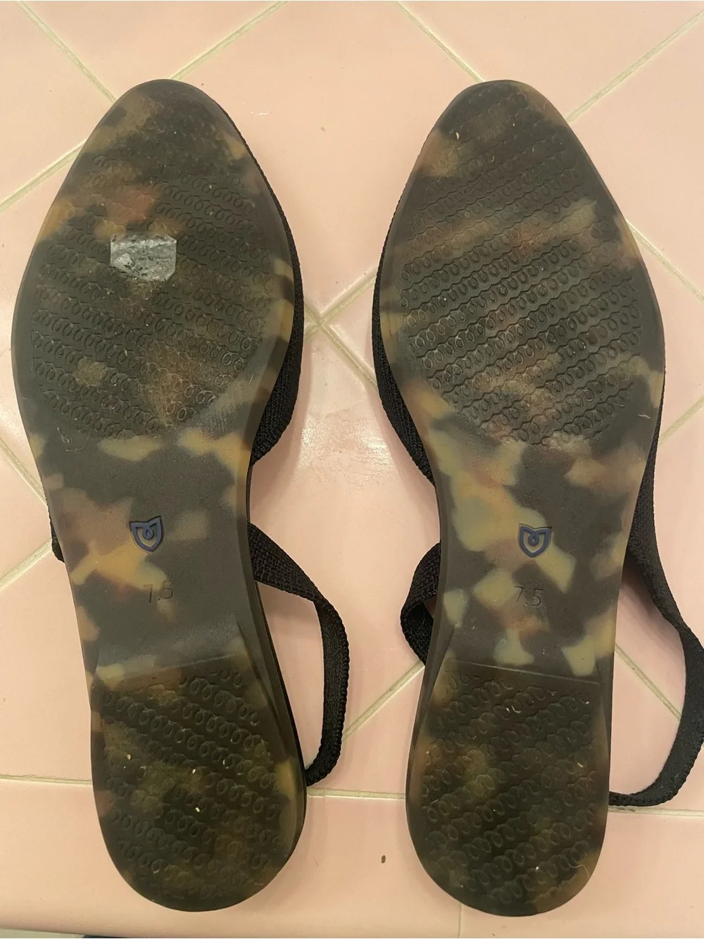 Rothy's Almond Slingback Flats in Black with Blue Heel Accent
